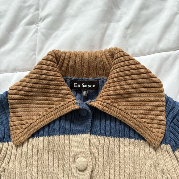 En Saison Womens Size XS Striped Collared Chunky Knit Crop Sweater Cardigan - Picture 3 of 8